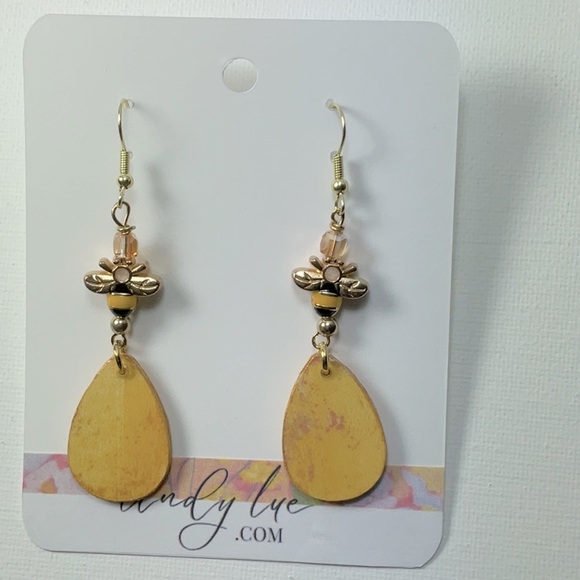 Hand Crafted Jewelry - Golden Dangle Teardrop Statement Earrings with Bee Charm